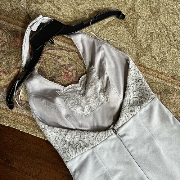 LULUS Blue Grey Lace Jersey Material Long Dress Halter Top - Picture 4 of 5